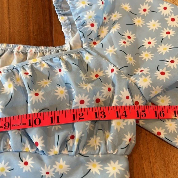 Long Sleeve Floral Crop Top Blouse with Tie Blue Red Yellow - Picture 7 of 10